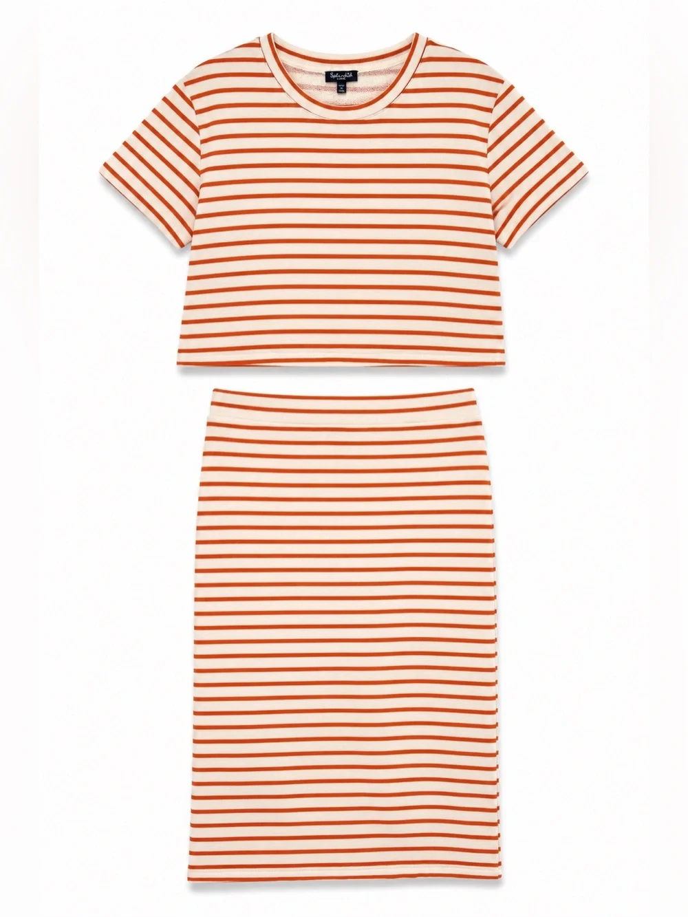 Splendid Royale Terry Matching Set Persimmon Stripe Tee and Midi Skirt M/L